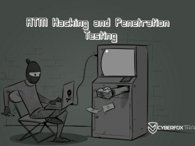 Illustration of an ATM with a person working on a laptop - representing the ATM Hacking and Penetration Testing Course by CyberFox Train