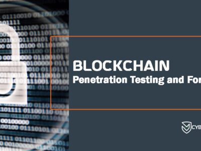 Illustration of a blockchain network with a magnifying glass and code snippets - representing the Blockchain Penetration Testing and Forensics Course by Cyberfox Train.