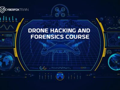 Illustration of a drone in flight with binary code and digital tools - representing the Drone Hacking and Forensics Course by Cyberfox Train.